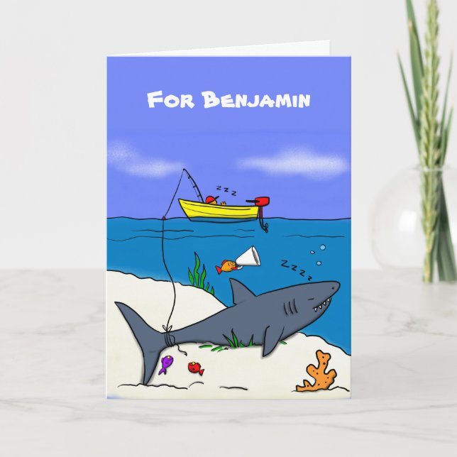 Funny sleeping shark and fishing cartoon card (Front)