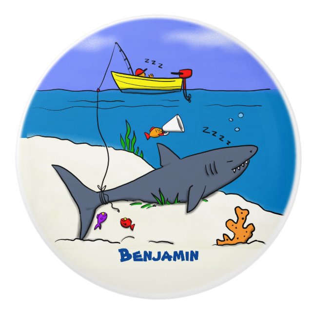 Funny sleeping shark and fishing cartoon ceramic knob (Front)