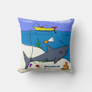 Funny sleeping shark and fishing cartoon cushion