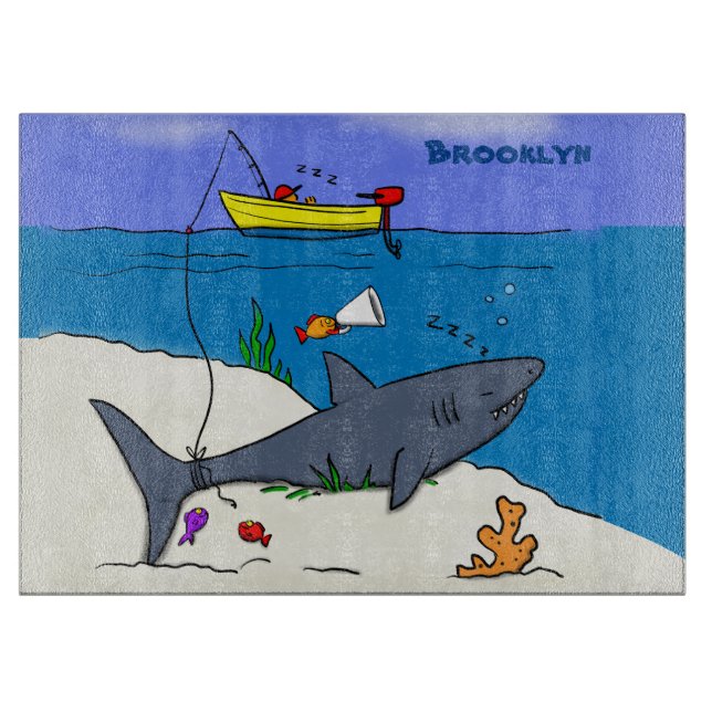 Funny sleeping shark and fishing cartoon cutting board (Front)