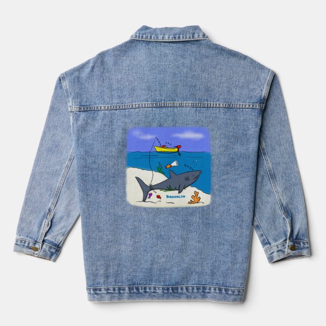 Funny sleeping shark and fishing cartoon denim jacket (Back)