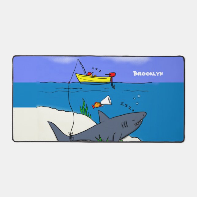 Funny sleeping shark and fishing cartoon desk mat (Front)