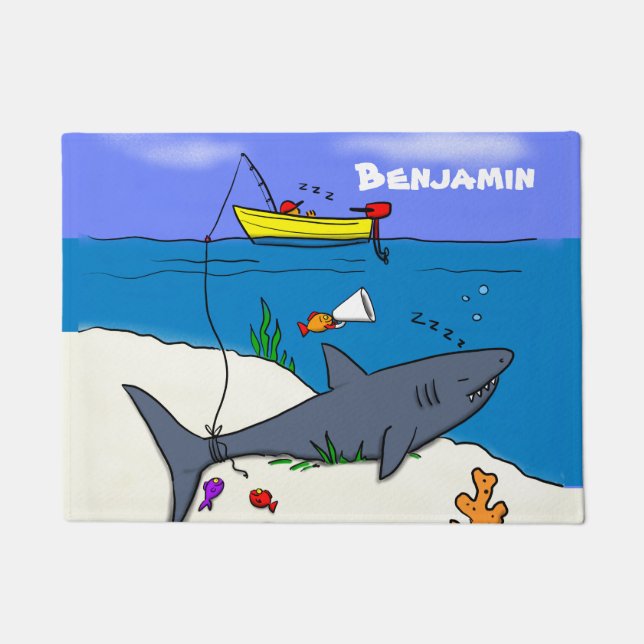 Funny sleeping shark and fishing cartoon doormat (Front)