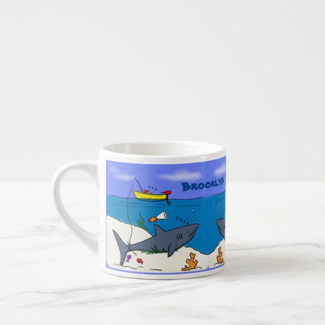 Funny sleeping shark and fishing cartoon espresso cup (Left)