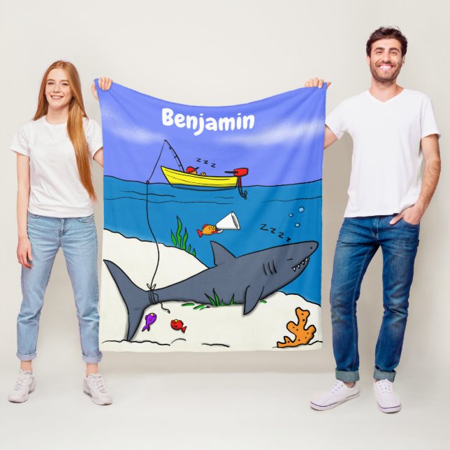 Funny sleeping shark and fishing cartoon fleece blanket (In Situ)
