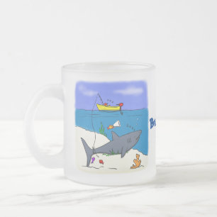 Funny sleeping shark and fishing cartoon frosted glass coffee mug