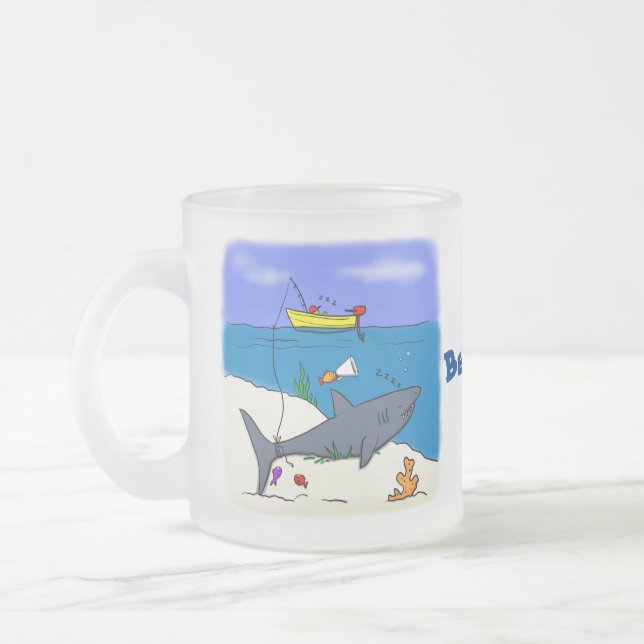 Funny sleeping shark and fishing cartoon frosted glass coffee mug (Left)
