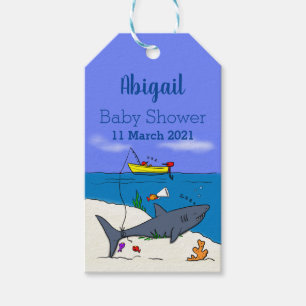 Funny sleeping shark and fishing cartoon gift tags