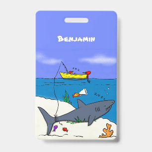 Funny sleeping shark and fishing cartoon ID badge