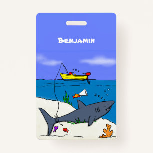 Funny sleeping shark and fishing cartoon ID badge