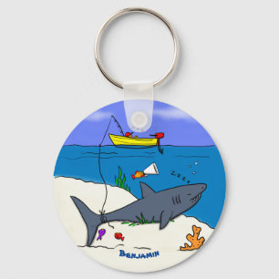 Funny sleeping shark and fishing cartoon key ring