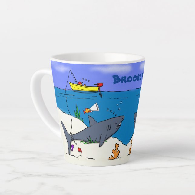 Funny sleeping shark and fishing cartoon latte mug (Left Angle)
