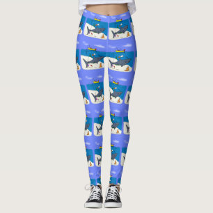 Funny sleeping shark and fishing cartoon leggings