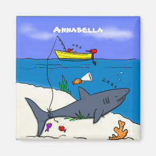 Funny sleeping shark and fishing cartoon magnet
