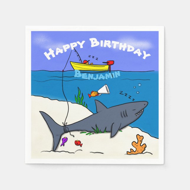 Funny sleeping shark and fishing cartoon napkin (Front)