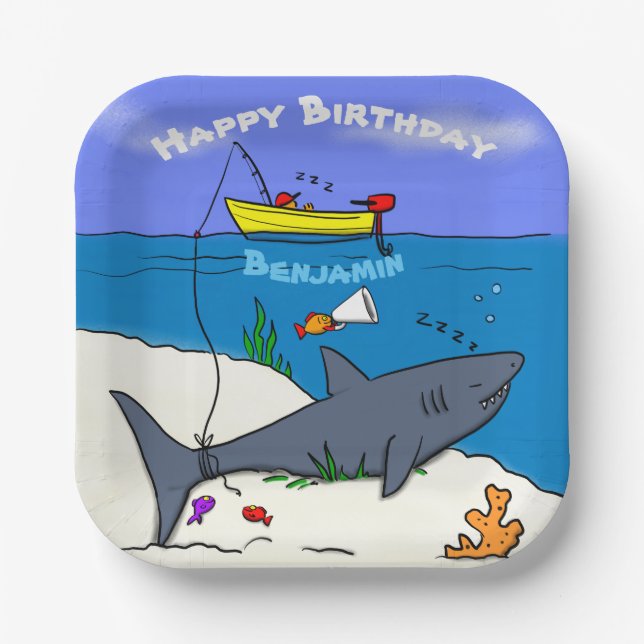 Funny sleeping shark and fishing cartoon paper plate (Front)