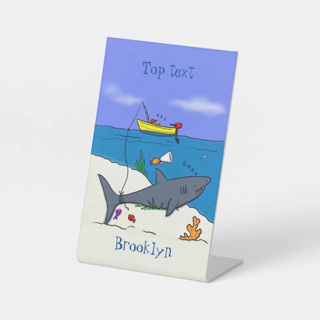 Funny sleeping shark and fishing cartoon pedestal sign (Front)