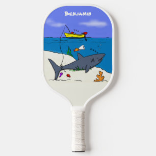 Funny sleeping shark and fishing cartoon pickleball paddle