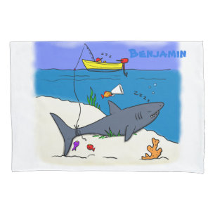 Funny sleeping shark and fishing cartoon pillowcase