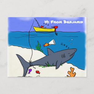 Funny sleeping shark and fishing cartoon postcard