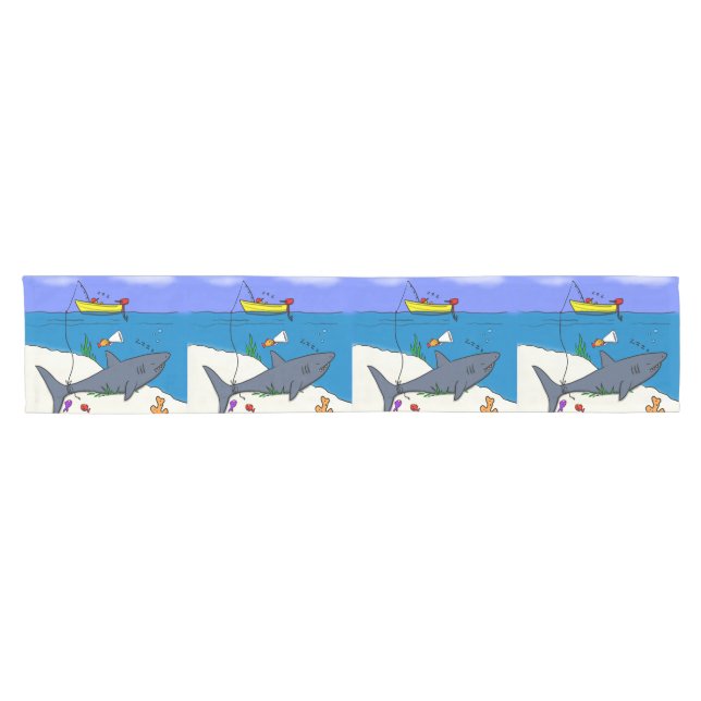 Funny sleeping shark and fishing cartoon short table runner (Horizontal)
