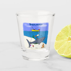 Funny sleeping shark and fishing cartoon  shot glass