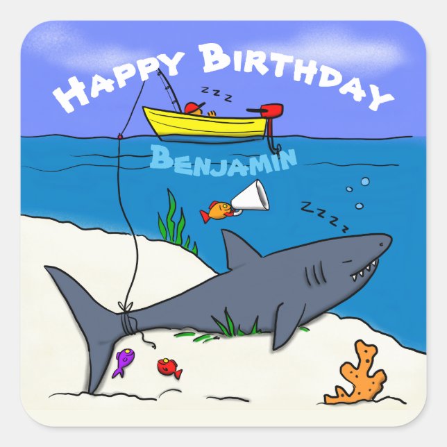 Funny sleeping shark and fishing cartoon square sticker (Front)