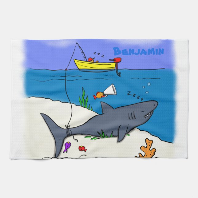 Funny sleeping shark and fishing cartoon tea towel (Horizontal)
