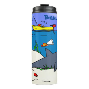 Funny sleeping shark and fishing cartoon thermal tumbler