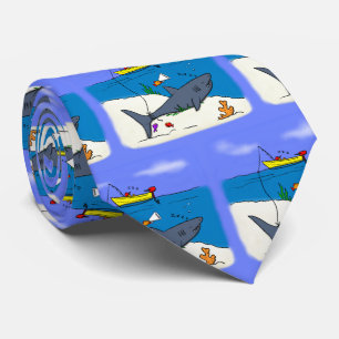 Funny sleeping shark and fishing cartoon tie