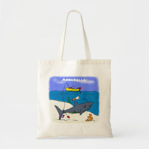 Funny sleeping shark and fishing cartoon tote bag