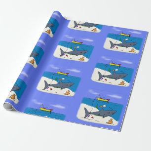 Funny sleeping shark and fishing cartoon wrapping paper