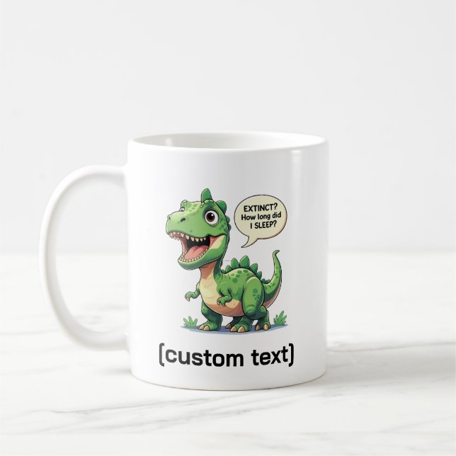 Funny Sleepy Dinosaur Custom Text Coffee Mug (Left)