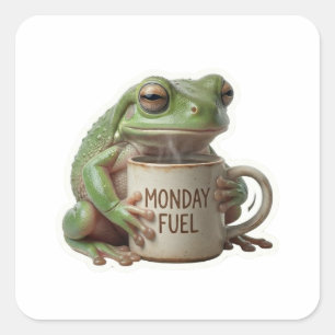 Funny Sleepy Frog Drinking Coffee Monday Fuel Square Sticker