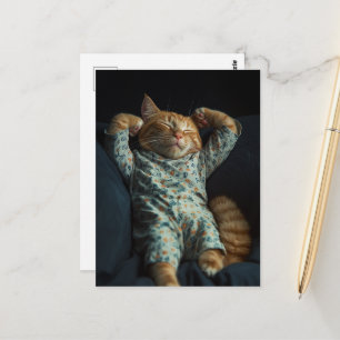 Funny Sleepy Ginger Kitty in PJs Postcard