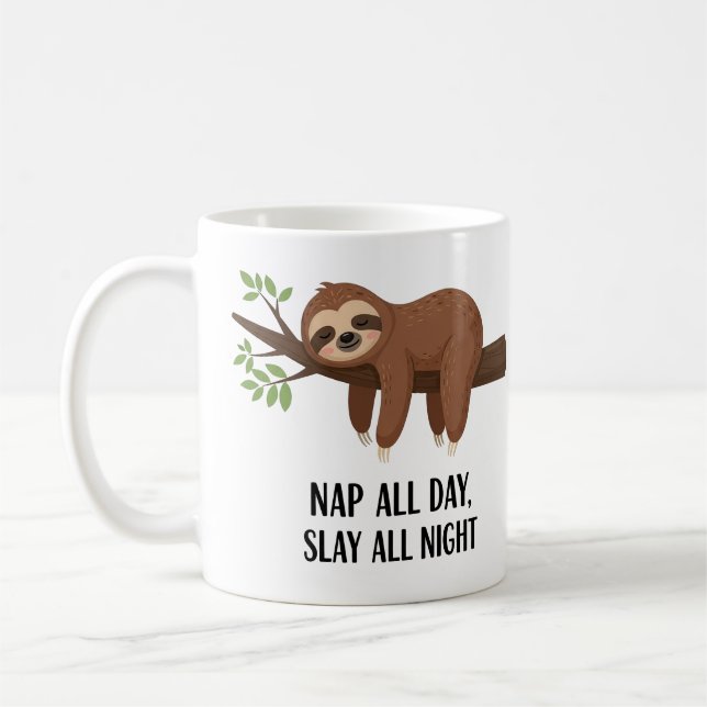 Funny Sleepy Sloth Illustration with Cute Quote Coffee Mug (Left)
