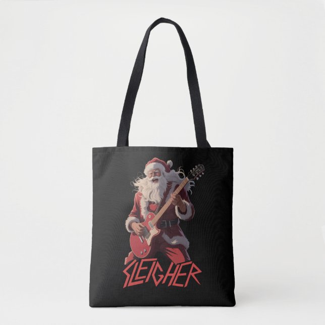 Funny Sleigher Metal Band Rock Santa Christmas Tote Bag (Front)