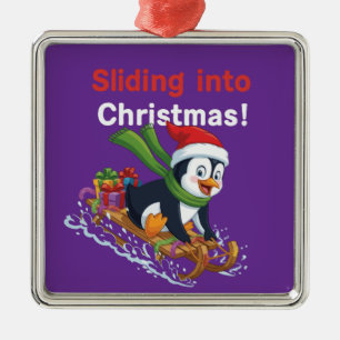 Funny Sliding into Christmas Cute Penguin Sleddin Metal Tree Decoration