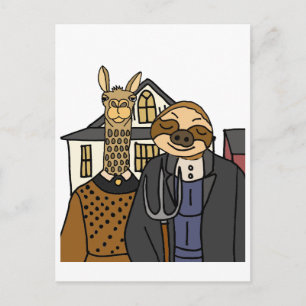 Funny Sloth and Llama American Gothic Artwork Postcard