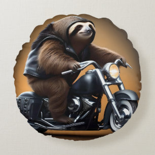 Funny Sloth Bikie On A Motorbike, Round Cushion