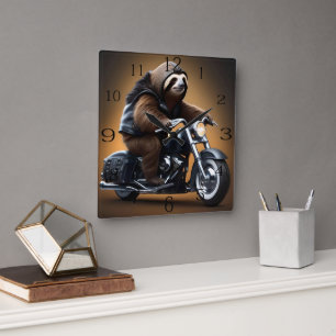Funny Sloth Bikie On A Motorbike, Square Wall Clock