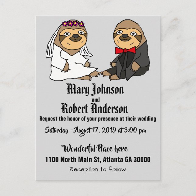 Funny Sloth Bride and Groom Wedding Invitation (Front)