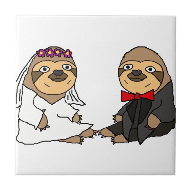 Funny Sloth Bride and Groom Wedding Tile (Front)