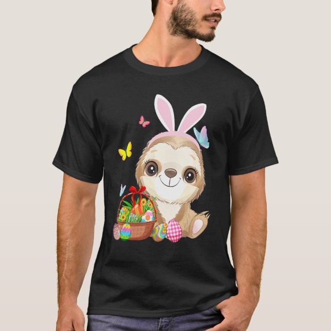 Funny Sloth Bunny Ear With Eggs Basket Easter Cost T-Shirt (Front)
