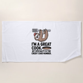 Funny Sloth Cook Hanging on a Fork Beach Towel
