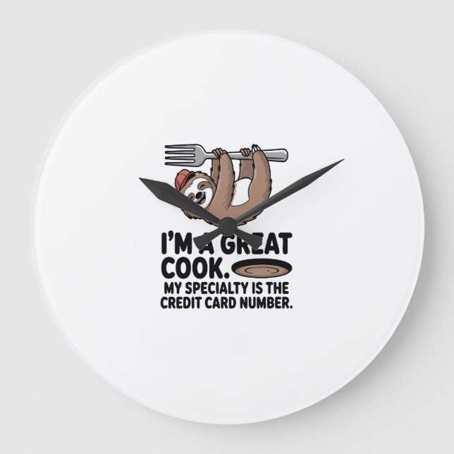 Funny Sloth Cook Hanging on a Fork Large Clock (Front)