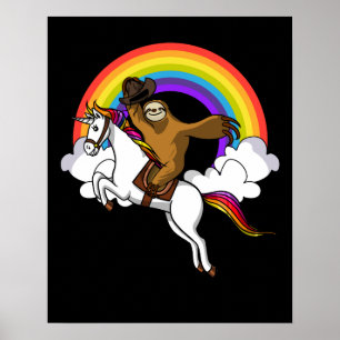 Funny Sloth Cowboy Riding Magical Unicorn Rainbow Poster