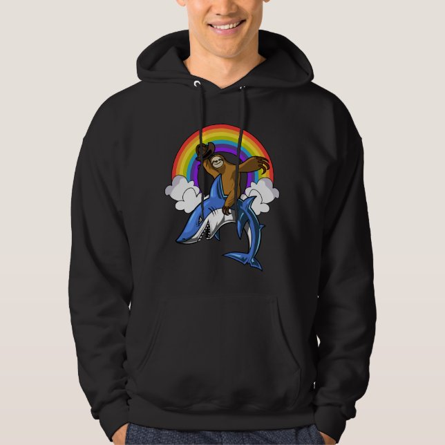 Funny Sloth Cowboy Riding Ocean Shark Rainbow Hoodie (Front)