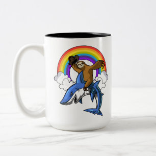Funny Sloth Cowboy Riding Ocean Shark Rainbow Two-Tone Coffee Mug