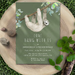 Funny Sloth Cute Forest Green Kids Birthday Party Invitation<br><div class="desc">"Come hang with us" fun birthday party invitations with a watercolor illustration of a sloth hanging from a tree. Simple and cute cards with white handwritten-style font on a dark green background. The reverse side features a wood pattern. Background colours can be changed, if desired, by using the design tool....</div>